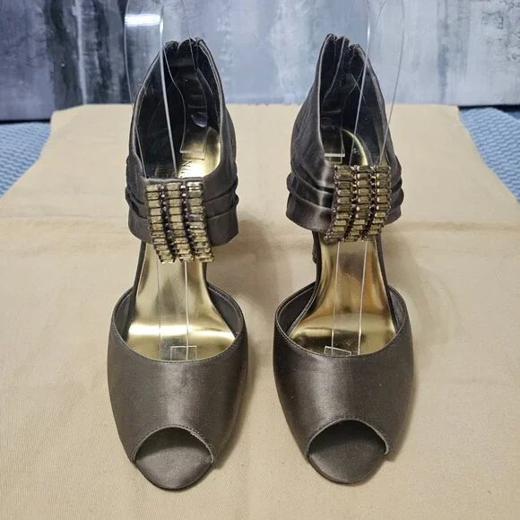 Nine West Bronze & Gold Rhinestone Strappy High Heels - Size 6 - Picture 3 of 7